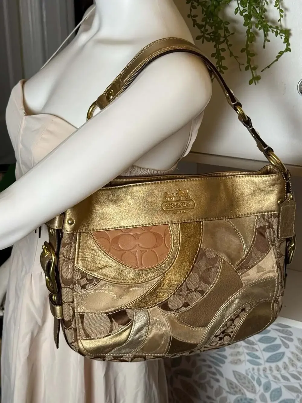 Coach Carly Signature Patchwork Gold Leather Shoulder Bag F14005